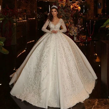 Saudo Arabų Kamuolys Suknelė Iliuzija Atgal Ilgomis Rankovėmis Vestuvių Suknelės 2023 Princesė Brangioji Blizgučiai Blizgučiais Appliques Nuotakos Suknelės