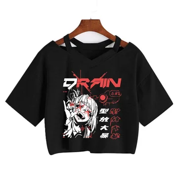 Goth Anime Marškinėlius Tee Estetinės Moterys T-shirt Punk Grunge Streetwear Ponios Gotikos Pasėlių Viršuje Manga Marškinėliai Drabužių Y2k Moteris