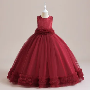 Prabangūs Nėrinių Aplikacijos Raudona Ilgai, Gėlių Mergaičių Suknelės Rankovių Princesė Paauglių Inscenizacija Komunija Gimtadienio Chalatai 2023