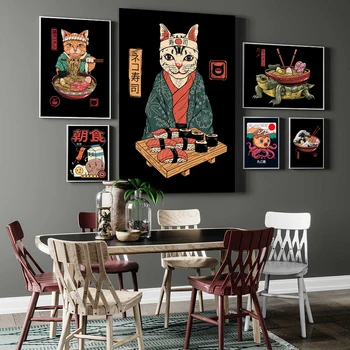 Japonija Plakatas Japonijos Skanus Maistas, Spageti, Suši Sienos Meno Tapybos Drobės Animaciją Kačių Nuotraukų Restorano Virtuvė