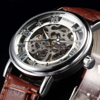 SEWOR Prabangos Prekės Mechaniniai Laikrodžiai Vyrams Skeleton Laikrodis Ciferblatas Romos Atsitiktinis Laikrodžius Relogio Vyrų Mechaninė Vertus Vėjo Žiūrėti