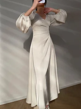 2023 nauja Elegantiška Suknelė Moterims V Kaklo Žibintų Rankovėmis Aukštos Juosmens Kietas Ruched Minimalistinis 