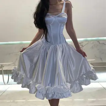 Spagečiai Dirželiai Prom Dresses Moterų 2023 Kelio Ilgis White Satin Raukiniai-Line Corest Homecoming Suknelė Vaikams vestido