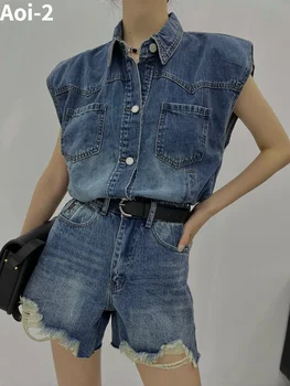 Aoi Derliaus Honkongo Stiliaus Džinsinis audinys tinka Moterų Vasaros Plauti Prarasti Liemenė+Didelio Juosmens Pločio Kojų Šortai Dviejų dalių Komplektas Išsiųstas Diržas