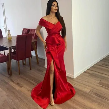Sexy Raudona V-Kaklo Undinė Vakare Šalis Suknelė 2023 Nuo Peties Pusėje Padalinta Varčias Satino Moterų Elegantiškas Oficialų Prom Chalatai