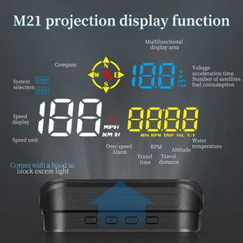 HUD M21 Head Up Display Automobilio OBD GPS Dual Sistema greičio viršijimo Signalas priekinio Stiklo Projektorius greitai Laikas Įtampos Aukštis Automobilio Spidometras