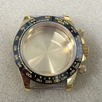 39MM Plieno Atveju PVD Aukso Atveju, Safyro Stiklas Laikrodžio Priedai Black Bezel už VK63 Kvarco Judėjimas
