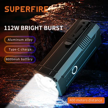 SuperFire 10000LM Super Ryškus Žibintuvėlis M12 super galingas LED žibintuvėlis šviesos įkraunamas USB-C 18650/8000mAh Žvejybos