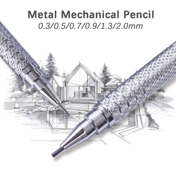 Karšto Pardavimo Piešimo Automatiniai Pieštukai 0.3 0.5 0.7 0.9 1.3 2.0 mm Juoda Balta Sidabrinė Metalo Mechaninis Pieštukas su Veda Trintukas Rinkinys