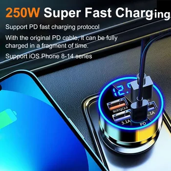 250W LED Automobilinis Įkroviklis Greito Įkrovimo 4 USB Adapteris Greita Įkrovimo Įkrovikliai su Skaitmeniniu Ekranu Įvairių Smartphonach