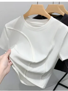 2023 Europos naujų moterų gryna spalva apvalios kaklo medvilnės marškinėliai susiuvimo dizaino prasme trumpas stiliaus striukė Balta