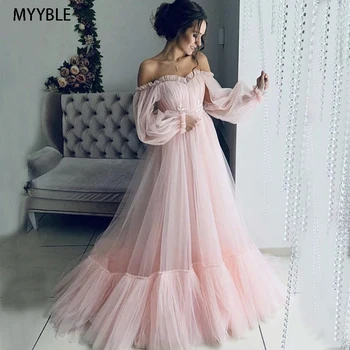 MYYBLE Blush Pink Tiulio vakarinę Suknelę 2020-Line ilgomis Rankovėmis, Brangioji,-Kaklas Ilgas Motinystės Vakaro Suknelė nėščiai Moteriai