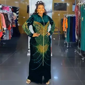 Plus Size Aksomo Afrikos Šalis Suknelės Naujų Moterų Dashiki Diamond Bodycon Vestuvių Vakare Gown Marokas Kaftan turkijos Komplektai