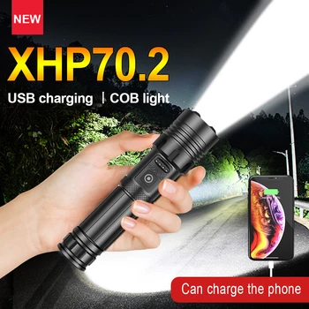 Didelės Galios XHP70.2 LED Žibintuvėlis Super Šviesus Teleskopinis Zoom Žibintas COB Lempa USB Įkrovimo Fakelas Žvejyba, Kempingas Blykstė