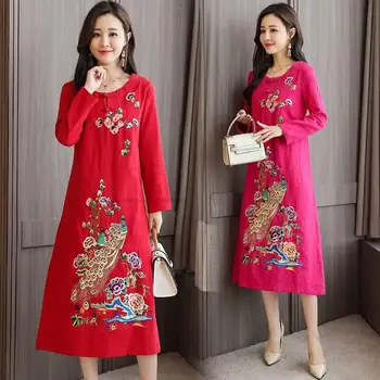 Kinijos Medvilnės Qipao Suknelė Aodai Vietnamas Cheongsam Folk Stiliaus Kinijos Suknelė Moterims Elegantiškų Drabužių, Gėlių Ao Dai Suknelė