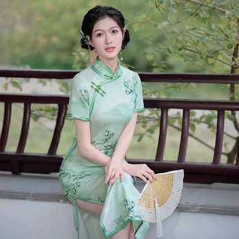 2023 Vasaros Pagerėjo Žalia Maxi Cheongsam Senovinių Kinų Tradicinio Stiliaus, Elegantiškas Veiklos vakarinę Suknelę Qipao Moterims