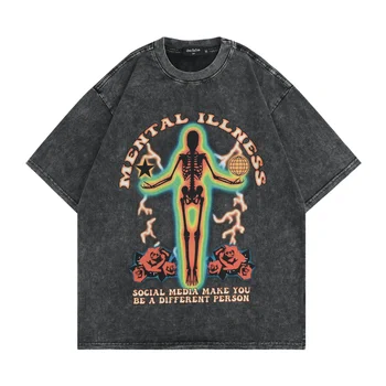 Gotikos T Marškiniai Vyrams, Moterims, Negabaritinių Skeletas Rose Spausdinti Vasaros Plauti Medvilnės trumpomis Rankovėmis Derliaus Hip-Hop Streetwear marškinėliai