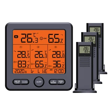 Oras Stotis Belaidžiai Jutikliai, Skaitmeninis Termometras su Drėgmėmačiu LCD Ekranas Temperatūros ir Drėgmės Matuoklis su 3 Nuotoliniai Jutikliai