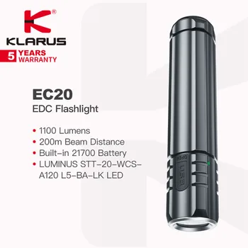 Klarus EC20 Nešiojamų EDC Žibintuvėlis integruotas pakartotinai Įkraunamas 21700 Baterija, 1100 Liumenų yra 200 metrų Spindulio Atstumu, Stovyklavimui, Kasdieniam Naudojimui