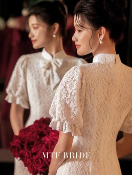 Yourqipao Naujas Baltos Spalvos Pagerinti Tradicinės Kinų Suknelė Cheongsam 2023 Vasarą Moterys Elegantiškas Nėrinių Vestuvės Vakare Šalis Suknelė