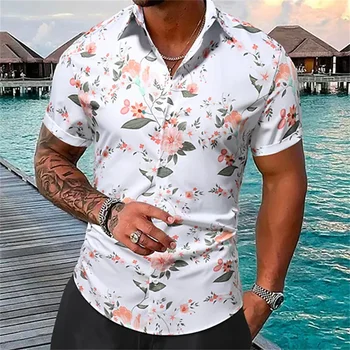 Havajų vyriški marškiniai, paplūdimio gėlių spausdinti trumpas rankovės vyrų mados atvartas mygtuką viršuje T-shirt 2023 naujas vyrų plius dydžio marškinėlius