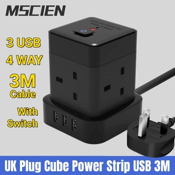 Kubas ilgintuvas Galia Juostelės su 3 USB 3M Kabelis Vertikalus Lizdą Įjungti Multi Plug Vertikalus lizdas Galia Įkroviklis