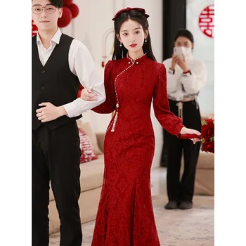 Princesė Cheongsams Kinijos Tradicinės Undinė Vestuvių Suknelė Raudona Dalyvavimas Qipao vakarinę Suknelę Nėrinių Appliques Vestido de novia