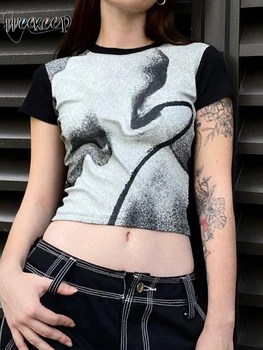 Moterų Atsitiktinis Print T-shirt Kratinys Trumpas Rankovės Derliaus Pasėlių Viršuje 2023 Vasaros Y2k Estetinės Marškinėliai moterims Harajuku