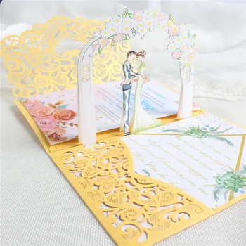 Geltona 3D pora vestuvių kortelės kvietimą apgaubti jubiliejų valentino atvirukas atvirukas individualizuoti dizaino 50 rinkiniai