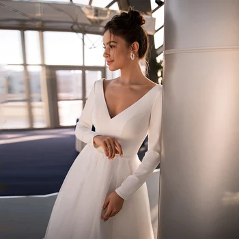 Paprastas Trumpas Vestuvių Suknelės ilgomis Rankovėmis V-Kaklo, Bridal Gown-Line Iliuzija Atgal Mygtuką Elegantiškas Arbatos-Ilgis Vestidos de Noiva