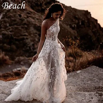 Paplūdimys Elegantiškas Vienas Petys Vestuvių Suknelė Moterims 2023 Iliuzija Nėrinių Appliques Linijos, Paprastas Nuotakos Suknelė Chalatas De Mariee