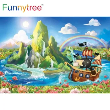 Funnytree Mėlyną Dangų, Vaivorykštės Piratų Partija Temą Gimtadienio Fone Valtis Vaikai Plaukti Gėlės Vandenyno Kalnų Fotografijos Fonas