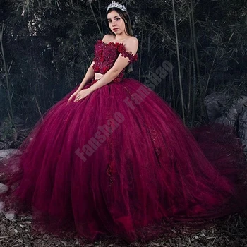 Fanshao pd087 Quinceanera Suknelės Dviejų dalių Prom Princesė Vestido Appliques 3D Gėlės Perlai 15 Mergaičių Kamuolys Chalatai