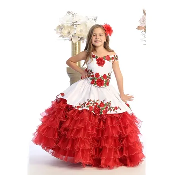 Raudona Mini Quinceanera Suknelės Meksikos Kamuolys Suknelė Organza Appliques Gėlių Mergaičių Suknelės Vestuvėms Inscenizacija Suknelės Vaikams Baby