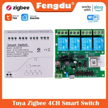 Tuya Zigbee 4CH Smart Switch Relė su Push Button Šviesos Belaidžio tinklo Jungiklis Modulis Smart Gyvenimo APP Kontrolės Balsą Alexa, Google