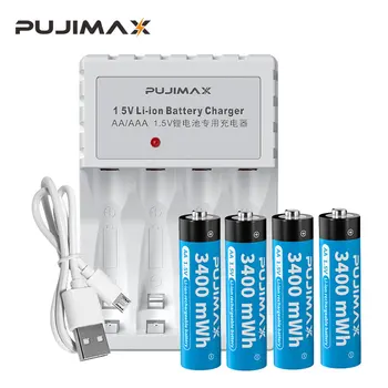 PUJIMAX 4-Lizdas Smart Ličio Baterija, Įkroviklis+4Pcs AA 1,5 V 3400mWh Originalus Li-ion BatteryFor Žibintuvėlis Žadintuvas