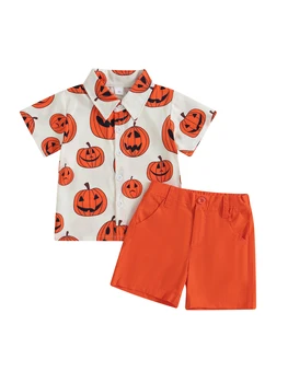 Helovinas-įkvėpė 2 dalių komplektas berniukams Trumpas rankovėmis elastinga marškinėliai su moliūgų spausdinimo ir atitikimo šortai su laišku ir