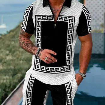 Nauja vasaros vyriški Polo marškinėliai trumpomis rankovėmis 3D spausdinimo prabangus retro Polo kostiumas flanelė marškinėliai apykaklės, sportiniai, laisvalaikio kostiumas 2-piece