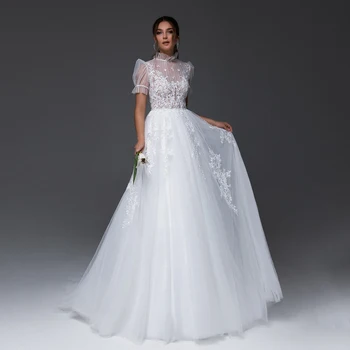 Eightree 2021 Balto Vestuvių Suknelės Aukšto Kaklo Tiulio Aplikacijos A-Line Bridal Sluoksniuotos Rankovėmis Vestuvių Vakaro Princesė Suknelė Pasirinktinis Dydis